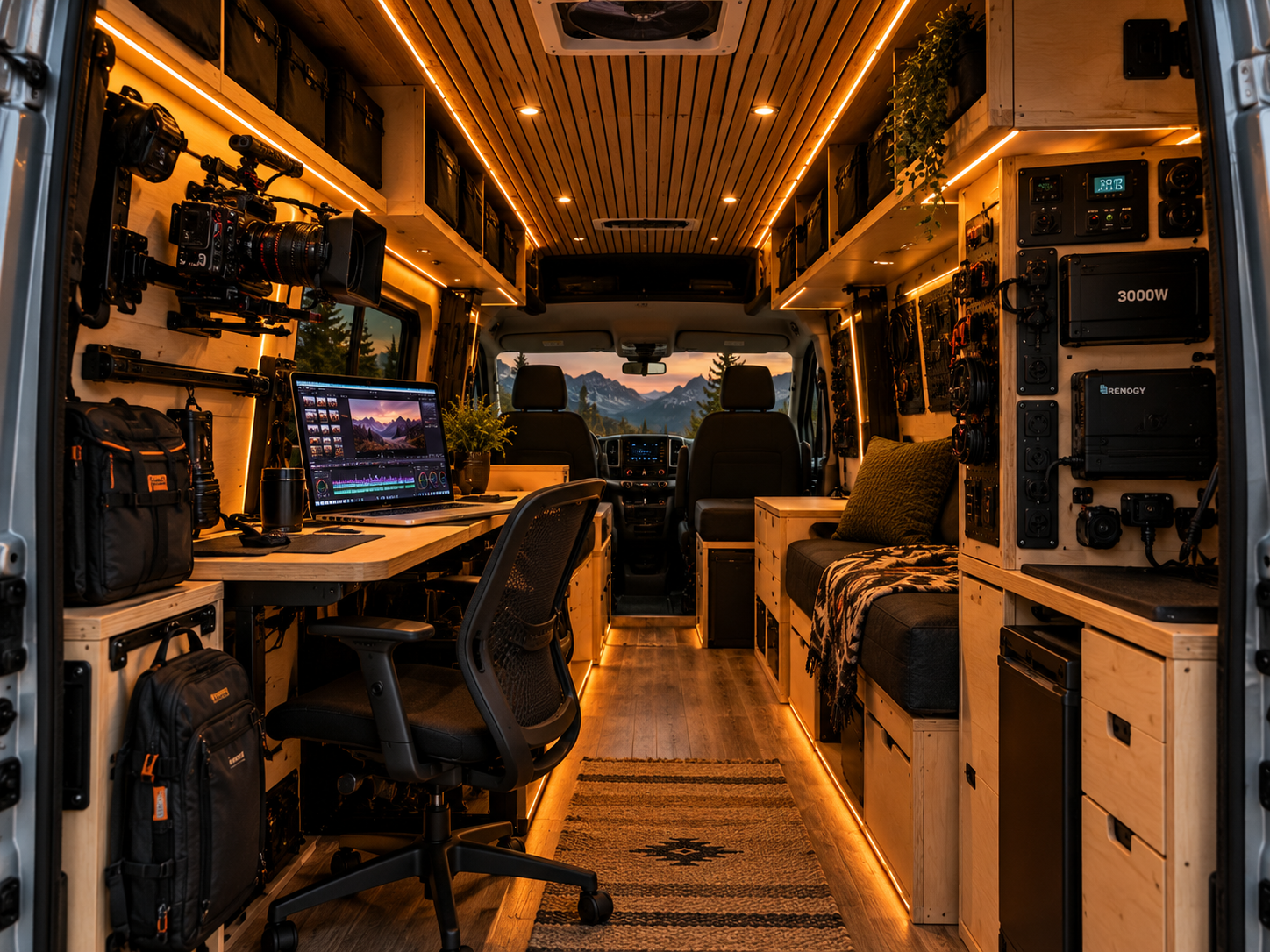 Filmmaker edit bay and production setup inside the van