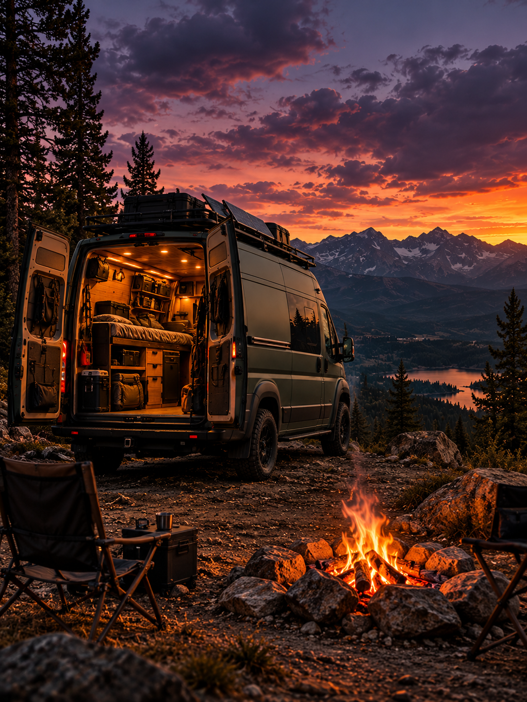 Van at camp with mountain sunset